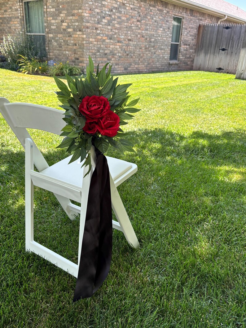 Red Silk Rose Wedding Chair Swag With Black Ribbon | Ceremony Aisle ...