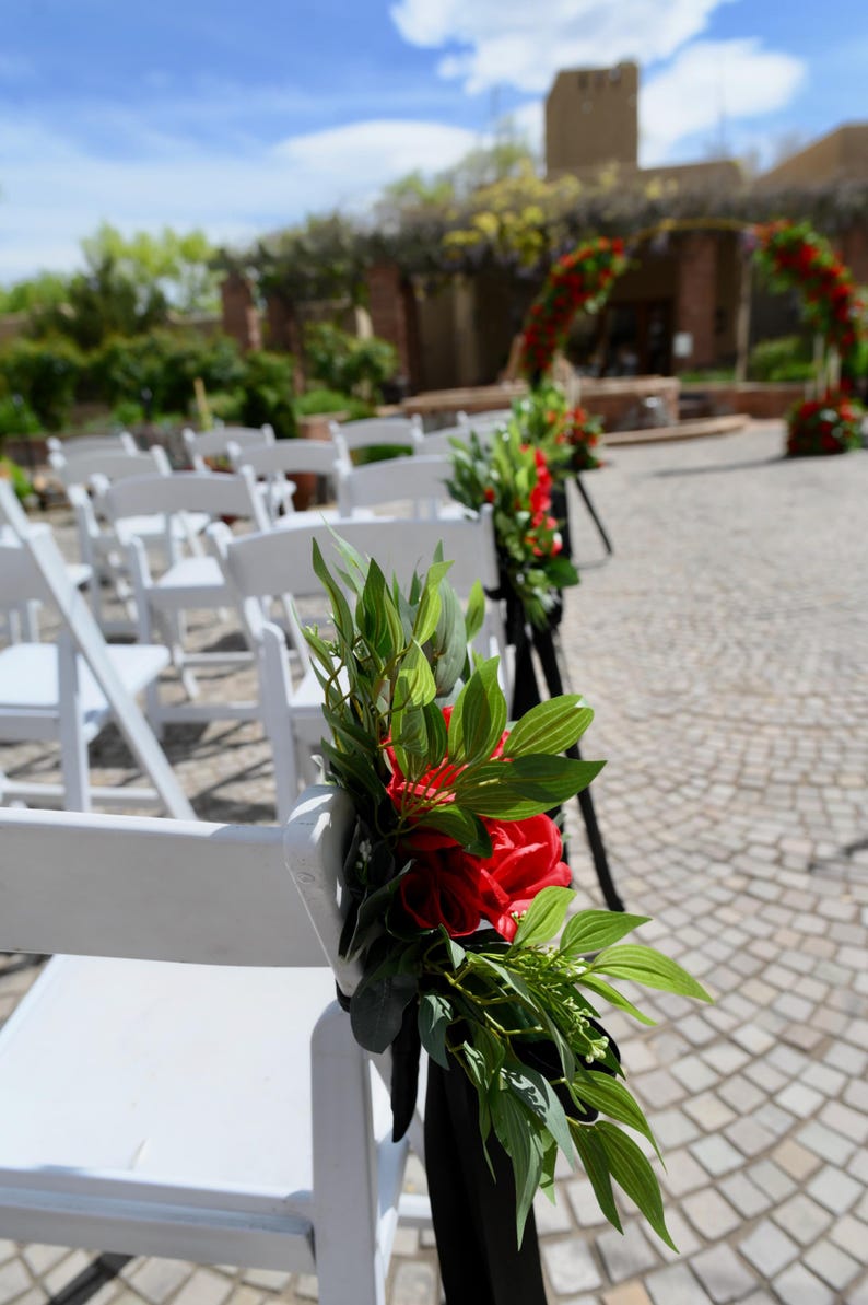 Red Silk Rose Wedding Chair Swag With Black Ribbon | Ceremony Aisle ...
