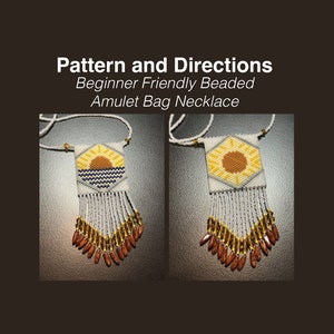 May include: A beaded necklace with a small pouch featuring a sun and waves design. The pouch is white with yellow, orange, and blue beads. The necklace is made with white beads and has brown and gold accents.
