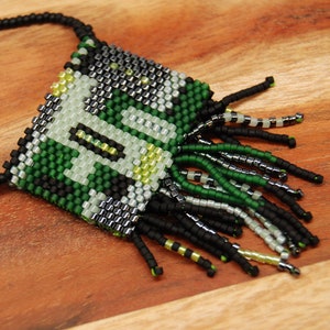Medium Amulet Bag Necklace, Hand Beaded, Black and Emerald Green Beads, Geometric Modern Pattern