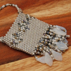 Medium Amulet Bag Necklace, Hand Beaded, Mixed Gray Beads, Leaves