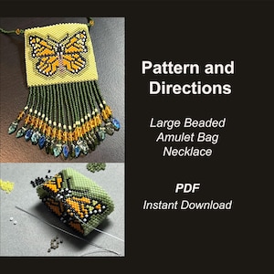 May include: A beaded necklace featuring a large butterfly amulet bag. The necklace is crafted with green, yellow and orange beads. The pattern and instructions for making the necklace are available as a PDF download.