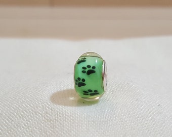 green/black paw large hole bead for european bracelet, green/black paw bracelet charm, black paw large hole bead, black paw charm, (c81)
