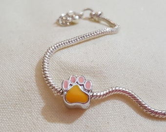 pink/yellow paw large hole bead for european bracelet, pink/yellow paw bracelet charm, pink paw large hole bead, pink paw charm, charm(c134)
