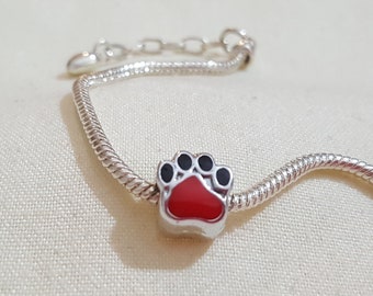 red/black paw large hole bead for european bracelet, red/black paw bracelet charm, red paw large hole bead, black paw charm, (c82)