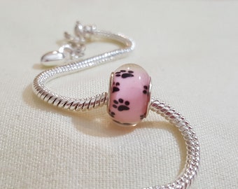 pink/black paw large hole bead for european bracelet, pink/black paw bracelet charm, black paw large hole bead, black paw charm, charm(c133)