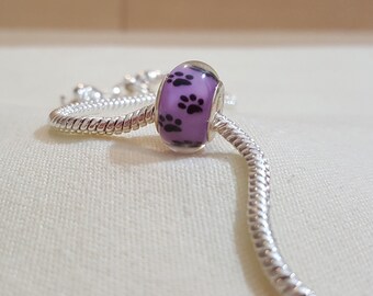 purple/black paw large hole bead for european bracelet, purple/black paw bracelet charm, black paw large hole bead, black paw charm, (c60)