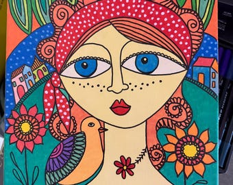 Oeuvre d'art en acrylique, fille avec un oiseau et des fleurs à la campagne