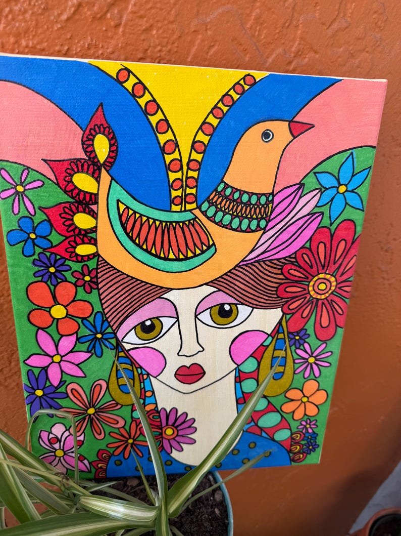 Colorful Folk Art Acrylic Painting, Girl With Bird and Flowers (11X14 ...