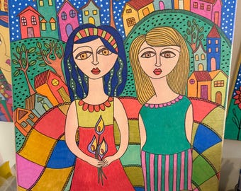 Œuvre acrylique colorée sur toile, portrait de style naïf de deux filles