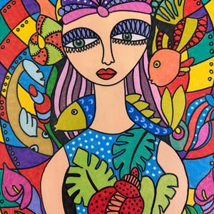 Acrylic artwork on canvas, Lady with sea fruits
