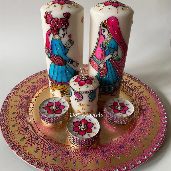 Personalized indian bride and groom set on unscented  wax candles/wedding centerpiece/home decor/Indian wedding/bollywood wedding/Indian art