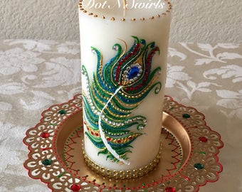 Henna decorated peacock feather pillar wax candle/personalized candle/holiday gift Christmas candles/unique/peacock feather/home decor