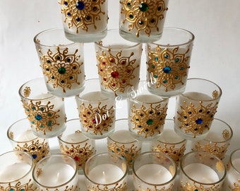 6 Hand Painted Votive Candle Holders/Bollywood Decor/diwali decor/festive decor/home decor/party favors/unique/henna art