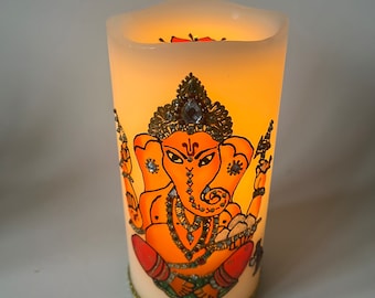 4x8”Flameless,Flicker just like real flame,LED Lord Ganesh Pillar,Remover of obstacles,Elephant Head God,house warming gift,home decor