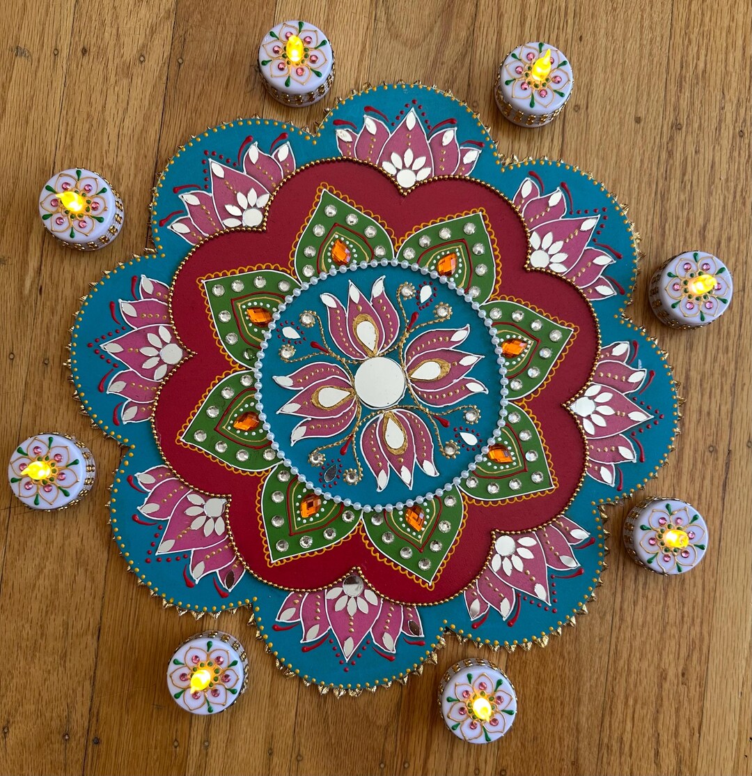 Henna Decorated 12” Wooden Rangoli Floor Art With 8 Tealights/lotus ...