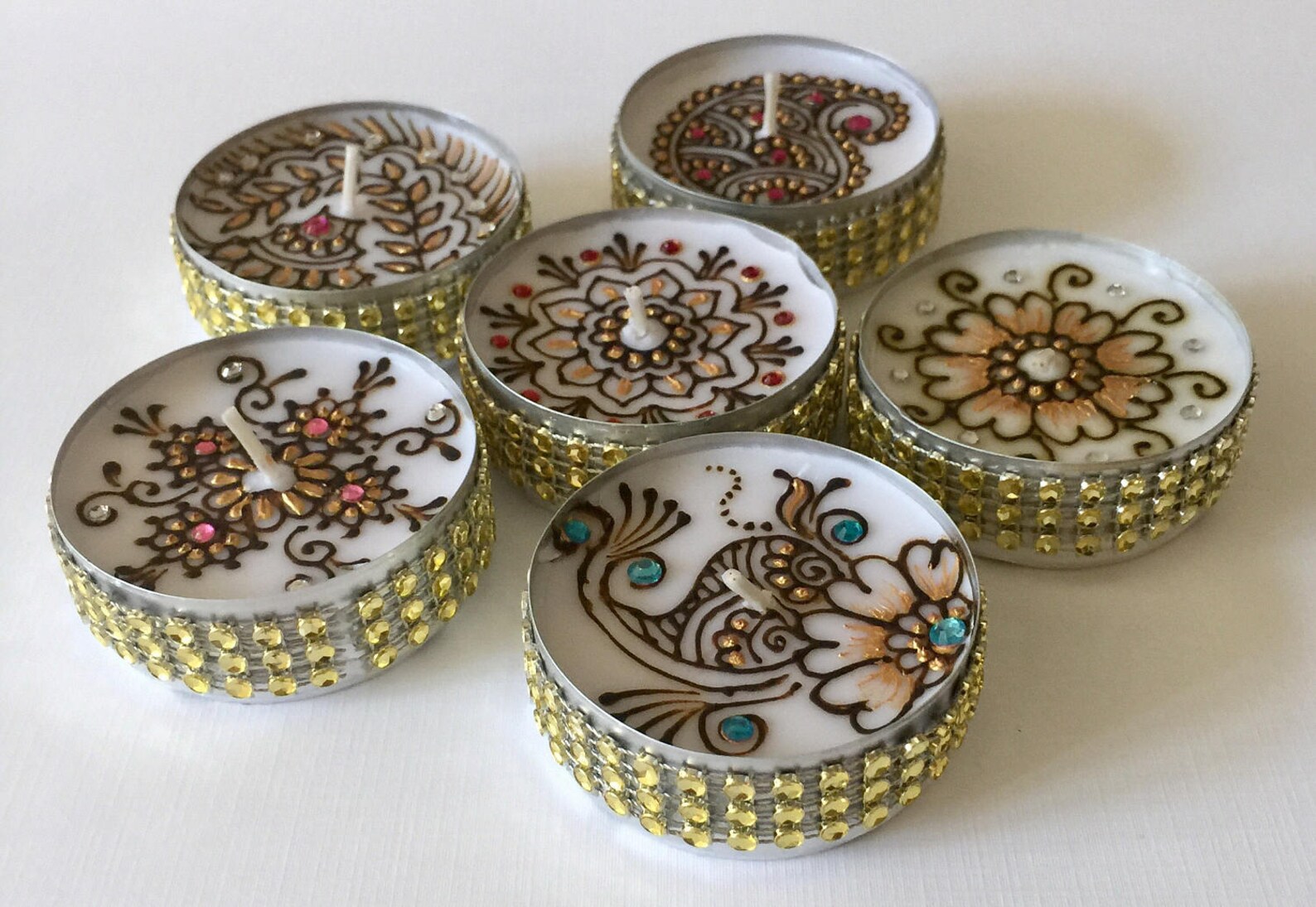 Set of 6 fresh henna decorated jumbo tea lights/wedding Etsy