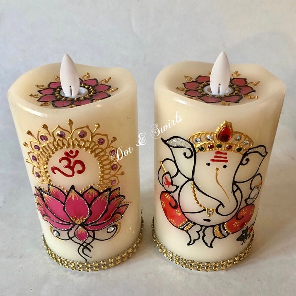 5"x3" flameless candle set of 2/lotus flower with Om symbol/ lord Ganesha/peacock feather /colorful henna candles/ holiday centerpiece