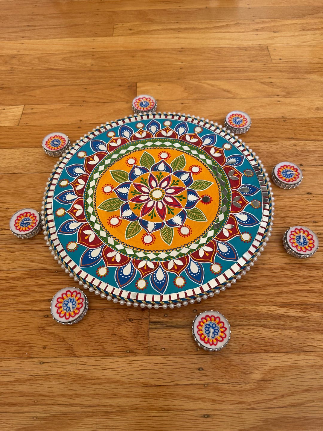 Henna Decorated 12” Wooden Rangoli Floor Art With 8 Tealights/mirror ...