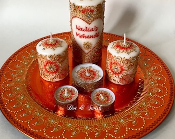 Personalized henna candle set/ henna candles with charger plate/wedding centerpiece/henna candle/personalized candle