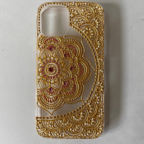 Iphone 15 coque pro/pro max décorée de mandala lotus au henné doré/clair/cristallin/pare-chocs en TPU/coque de téléphone au henné/coque dorée/personnalisée/personnalisée