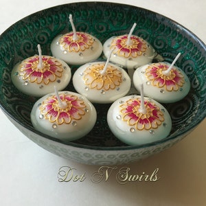 Set of 6,Handmade,Henna and Rhinestones decorated wax floating candles,unique,holiday decor,home decor,party centerpiece/eid decor