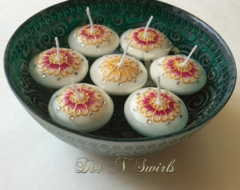 Set of 6,Handmade,Henna and Rhinestones decorated wax floating candles,unique,holiday decor,home decor,party centerpiece/eid decor