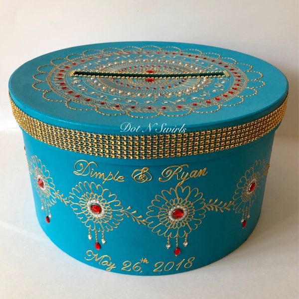 Henna decorated  peacock blue wedding card box/wedding money box/personalized money box/ money box/custom money box/reception money box