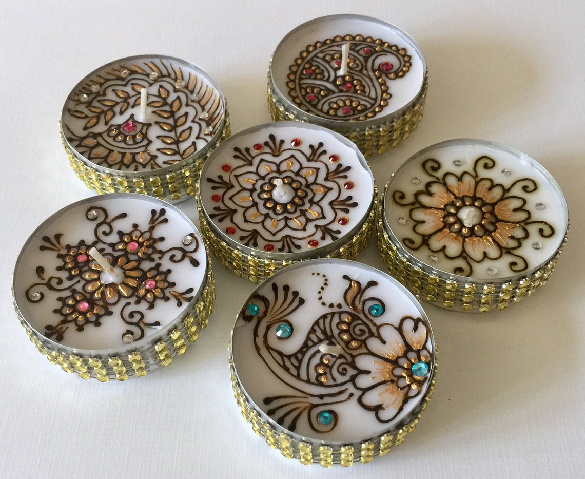 Set of 6 fresh henna decorated jumbo tea lights/wedding Etsy