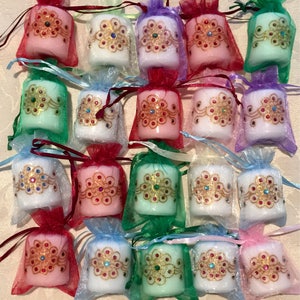 Set of 12 votives with organza bags/unscented votives/henna decorated/ party favor/wedding favor/wedding decor/henna party