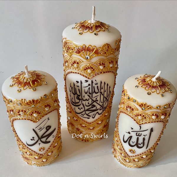 3 unscented candles set with Arabic calligraphy/henna candles/henna paisley/wedding decor/Shahada/islamic/allah mahummad/Eid decor/Ramadan