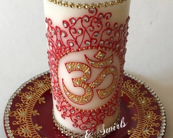Om symbol,Flameless LED candle pillar,henna decorated,perfect for any decor..