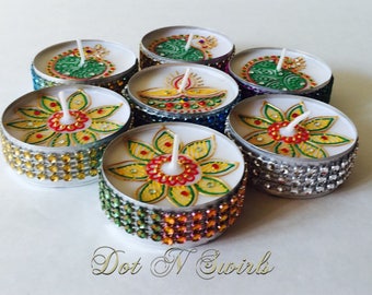 Set of 4, colorful jumbo tea lights /henna tea lights/ party favors/diwali decor/diwali favors/wedding favors/henna party decor/diya /Diwali