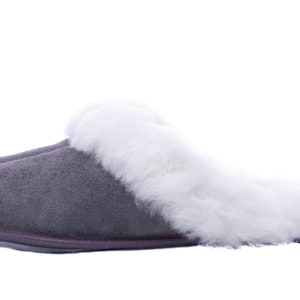 Ladies Sheepskin Slippers: Gray Leather Sole, Handmade in EU