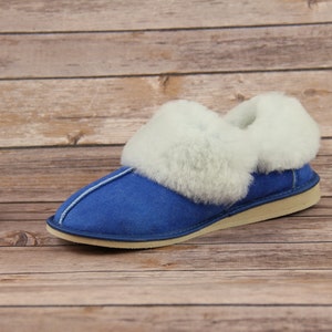 Handmade Sheepskin Slippers: Blue Wool Lined Leather House Shoes