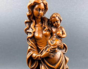 Vintage Wax Madonna and Child Figurine Religious Sculpture Catholic Decor
