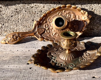 Pair of Ornate Swedish Bronze Chamberstick Candle Holders – Lundbergs Metall – Vintage Baroque Revival Decor