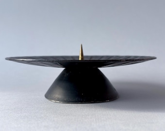 Mid Century Modern West German Brass & Black Metal Candle Holder Stand, Brutalist Sunburst Pillar Candle Spike Base, 1960s Decor