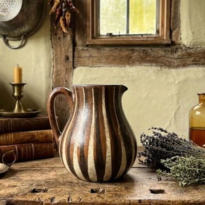 Jarra de cerámica popular búlgara antigua, hecha a mano, de barro rústico primitivo.