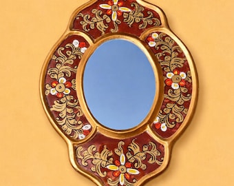 Mid-Century Peruvian Wooden Mirror: Hand-Painted Floral Folk Art
