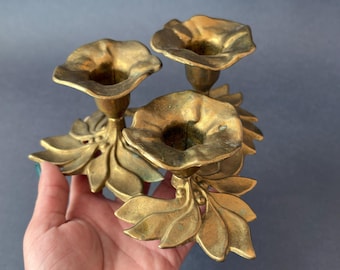 Brass Floral Triple Candle Holder: Botanical Mid-Century Table Centerpiece