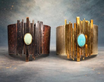 Brutalist Cuff Bracelet, Mixed Metals, Turquoise-Style Stone, 1970s Artisan Design