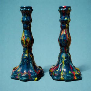 Set of 2 Drip Glaze Studio Pottery Candle Holders – 1970s Vibrant Ceramic