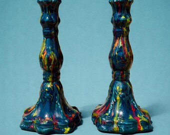 Juego de 2 candelabros Drip Glaze Studio Pottery – Cerámica vibrante de los años 70