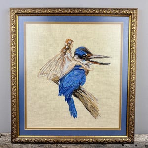 Framed Nimue Cross Stitch: "The Kingfisher" Handmade Linen Art
