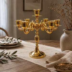 Vintage Brass Candelabrum 7 Candles Heavy Swedish 1960s Floral Elegant Candle Holder Centerpiece