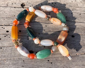 Vintage Natural Stones Multicolor Agate Necklace, Handmade Statement Jewelry