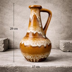 Jarra/jarrón de cerámica vintage de Bay, Alemania Occidental, modelo 67-30, con esmalte de goteo de lava gruesa, color naranja y blanco.