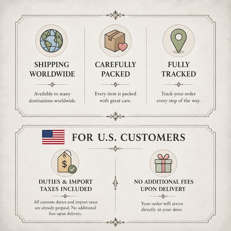 May include: An informational graphic with two sections. The top section features icons for worldwide shipping, careful packing, and tracking. The bottom section displays a U.S. flag icon with text regarding duties, import taxes, and delivery fees.