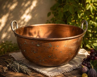 May include: A large copper bowl with two curved handles, showing signs of age. The bowl has a wide, open design and sits on a wooden surface with a white cloth, grapes, figs, and herbs. The background features green foliage.
